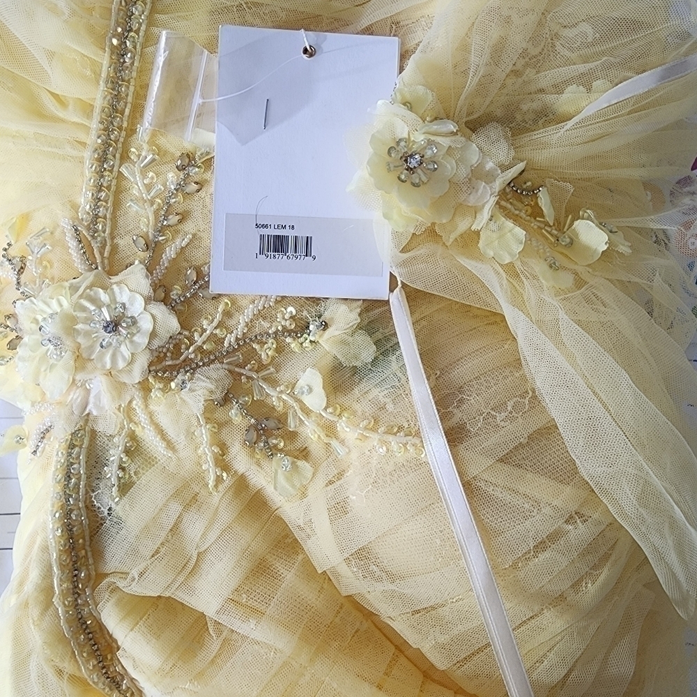 Mac Duggal NWT Lemon EMBELLISHED TULLE ONE SHOULDER HIGH LOW GOWN size 18 - Picture 6 of 16
